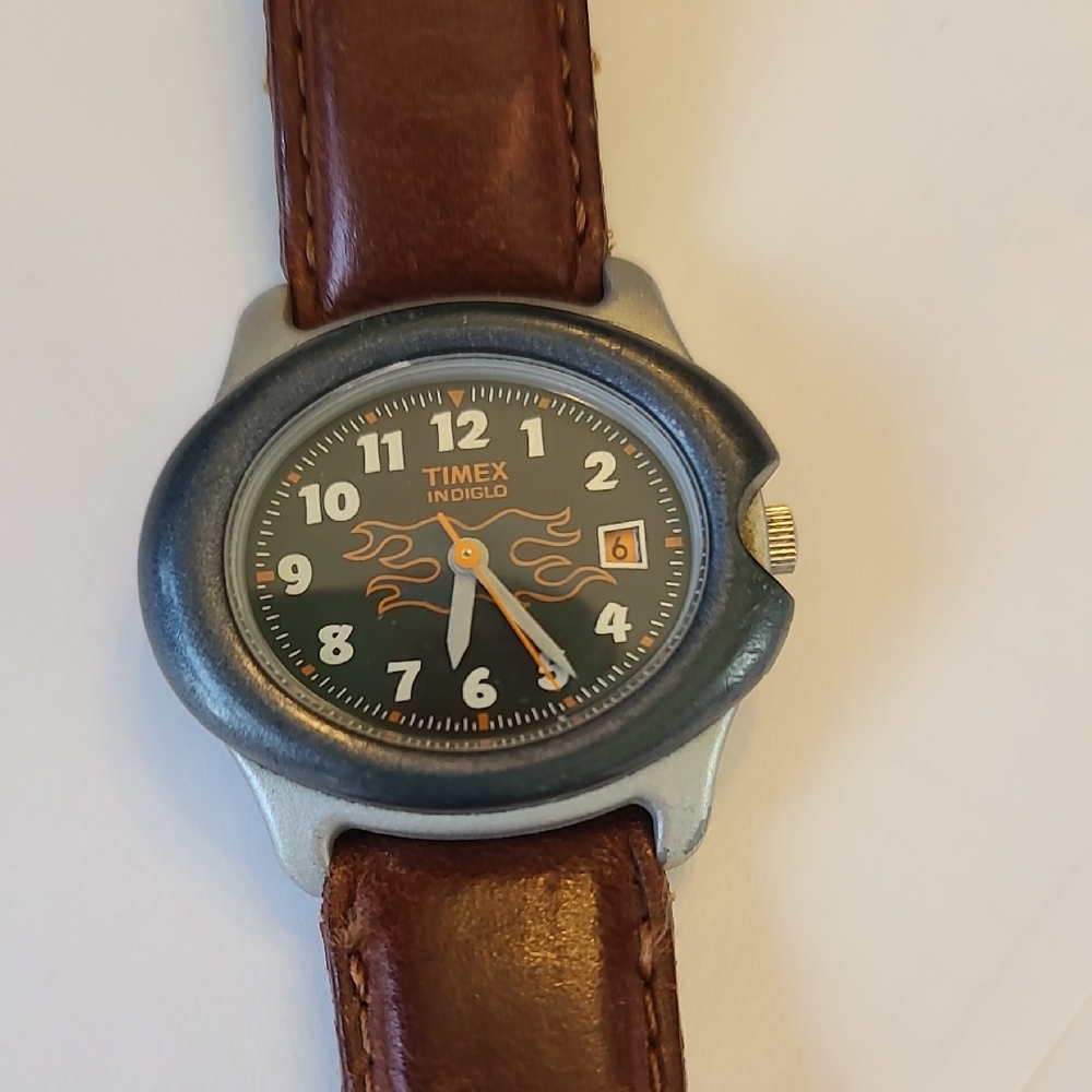 Timex Indiglo Black Dial Watch with Brown Leather Strap and Orange Flame Accents